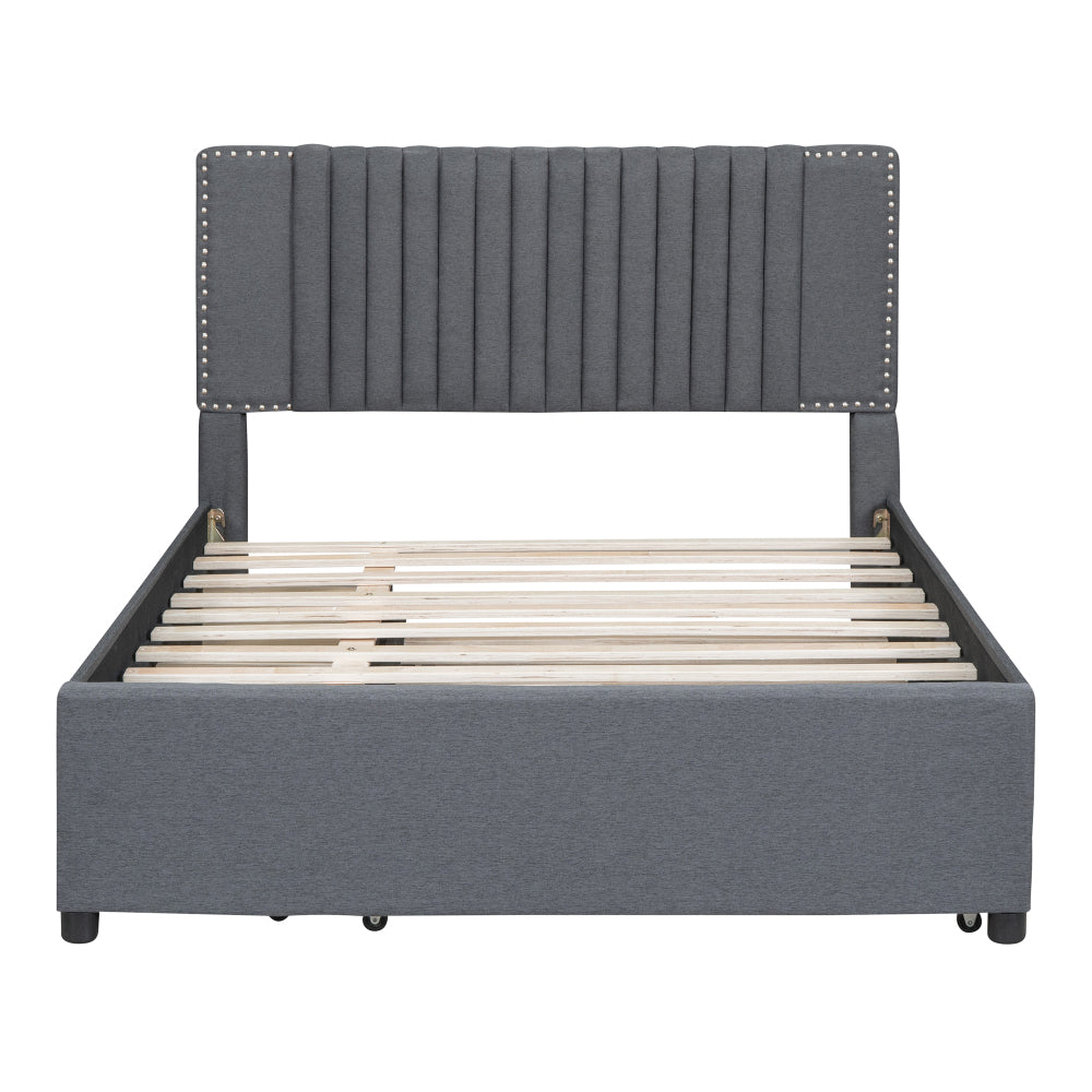 Full Size Upholstered Platform Bed with 2 Storage Drawers & Twin Trundle | Vertical Channel Tufted Headboard | 400 lbs | Solid MDF & Plywood | No Box Spring Needed | Beige/Gray