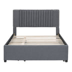 Full Size Upholstered Platform Bed with 2 Storage Drawers & Twin Trundle | Vertical Channel Tufted Headboard | 400 lbs | Solid MDF & Plywood | No Box Spring Needed | Beige/Gray