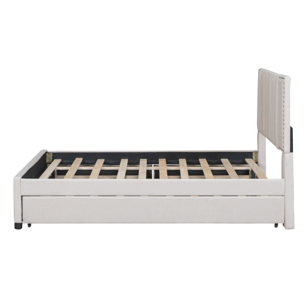 Full Size Upholstered Platform Bed with 2 Storage Drawers & Twin Trundle | Vertical Channel Tufted Headboard | 400 lbs | Solid MDF & Plywood | No Box Spring Needed | Beige/Gray