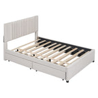Full Size Upholstered Platform Bed with 2 Storage Drawers & Twin Trundle | Vertical Channel Tufted Headboard | 400 lbs | Solid MDF & Plywood | No Box Spring Needed | Beige/Gray
