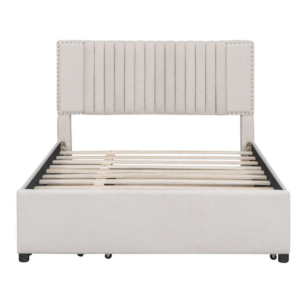 Full Size Upholstered Platform Bed with 2 Storage Drawers & Twin Trundle | Vertical Channel Tufted Headboard | 400 lbs | Solid MDF & Plywood | No Box Spring Needed | Beige/Gray