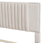 Full Size Upholstered Platform Bed with 2 Storage Drawers & Twin Trundle | Vertical Channel Tufted Headboard | 400 lbs | Solid MDF & Plywood | No Box Spring Needed | Beige/Gray
