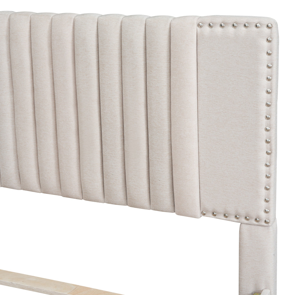 Full Size Upholstered Platform Bed with 2 Storage Drawers & Twin Trundle | Vertical Channel Tufted Headboard | 400 lbs | Solid MDF & Plywood | No Box Spring Needed | Beige/Gray