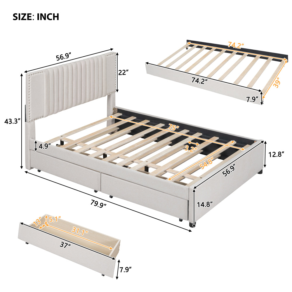 Full Size Upholstered Platform Bed with 2 Storage Drawers & Twin Trundle | Vertical Channel Tufted Headboard | 400 lbs | Solid MDF & Plywood | No Box Spring Needed | Beige/Gray