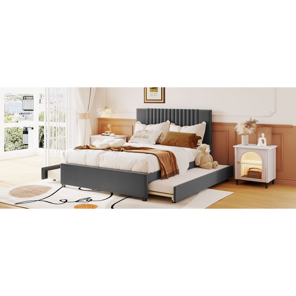 Full Size Upholstered Platform Bed with 2 Storage Drawers & Twin Trundle | Vertical Channel Tufted Headboard | 400 lbs | Solid MDF & Plywood | No Box Spring Needed | Beige/Gray