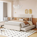 Full Size Upholstered Platform Bed with 2 Storage Drawers & Twin Trundle | Vertical Channel Tufted Headboard | 400 lbs | Solid MDF & Plywood | No Box Spring Needed | Beige/Gray