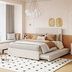 Full Size Upholstered Platform Bed with 2 Storage Drawers & Twin Trundle | Vertical Channel Tufted Headboard | 400 lbs | Solid MDF & Plywood | No Box Spring Needed | Beige/Gray