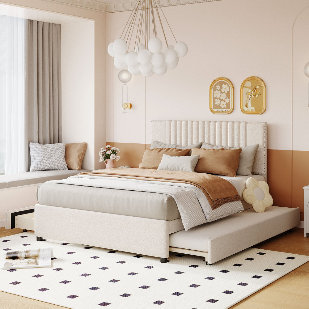 Full Size Upholstered Platform Bed with 2 Storage Drawers & Twin Trundle | Vertical Channel Tufted Headboard | 400 lbs | Solid MDF & Plywood | No Box Spring Needed | Beige/Gray
