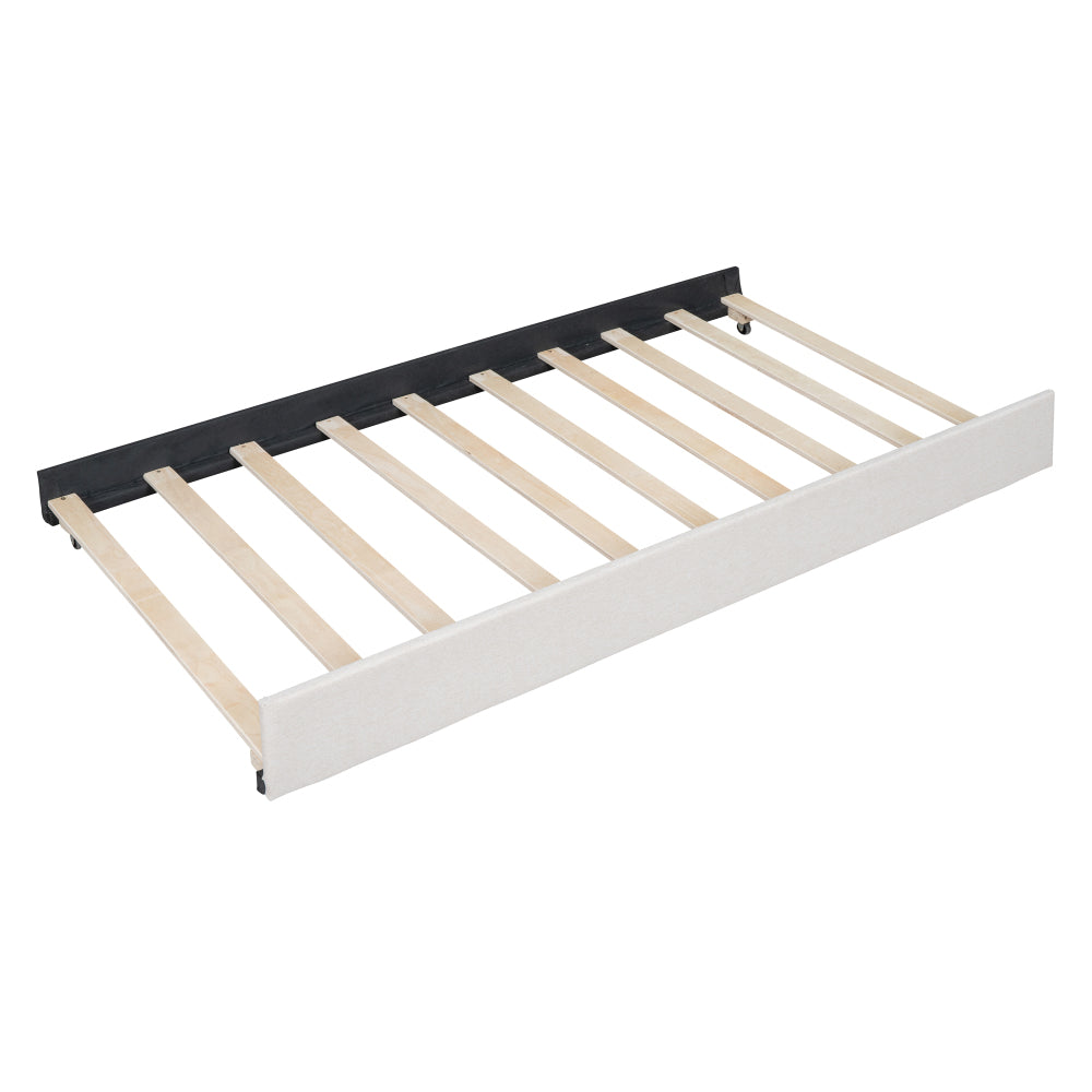 Full Size Upholstered Platform Bed with 2 Storage Drawers & Twin Trundle | Vertical Channel Tufted Headboard | 400 lbs | Solid MDF & Plywood | No Box Spring Needed | Beige/Gray
