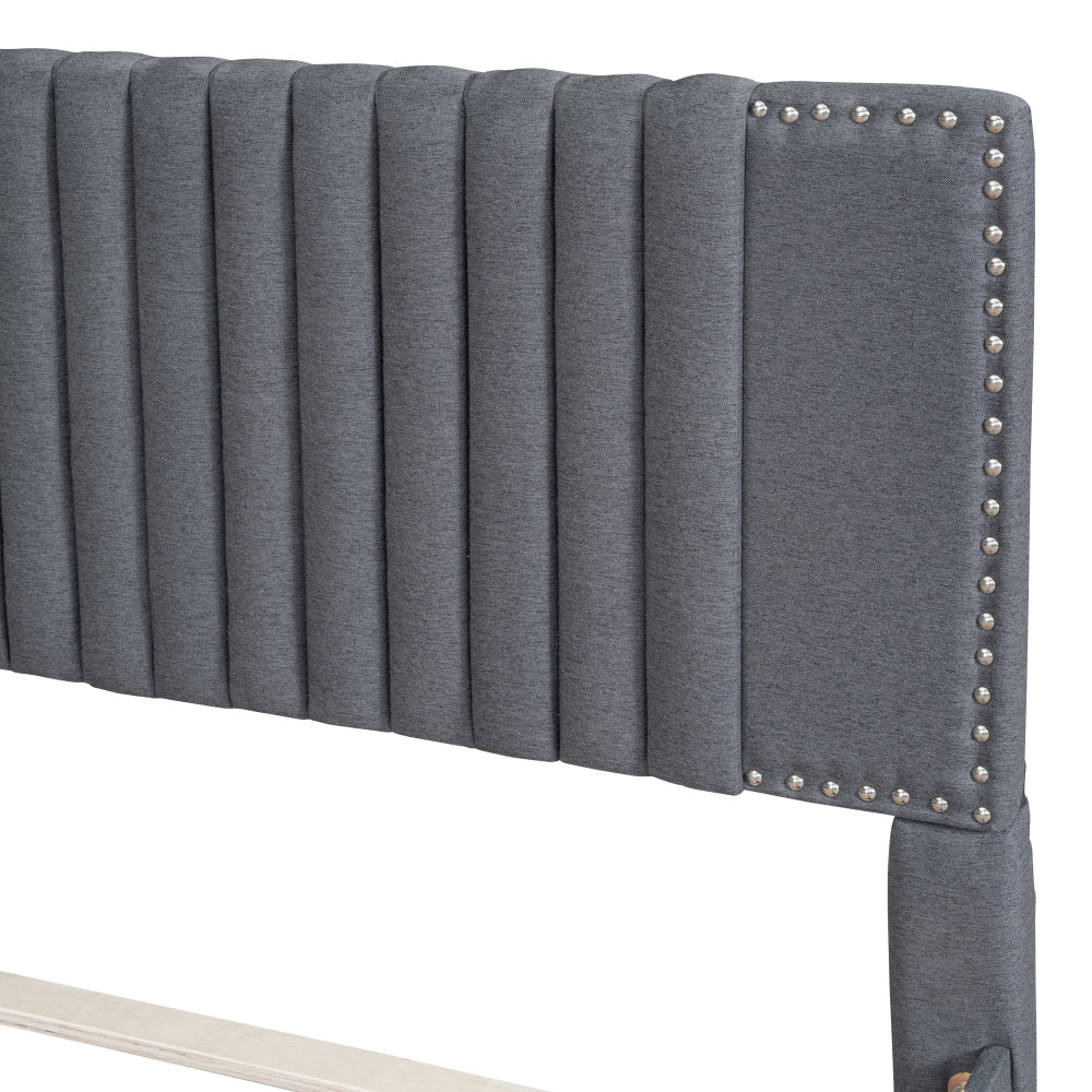 Full Size Upholstered Platform Bed with 2 Storage Drawers & Twin Trundle | Vertical Channel Tufted Headboard | 400 lbs | Solid MDF & Plywood | No Box Spring Needed | Beige/Gray