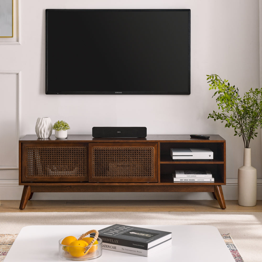 59 Inch Mid Century Modern Rattan TV Stand for 65