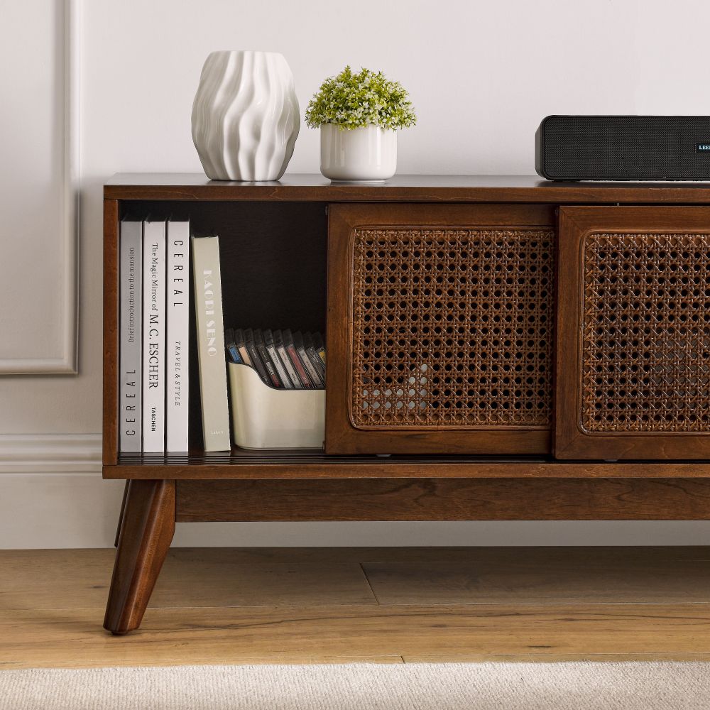 59 Inch Mid Century Modern Rattan TV Stand for 65