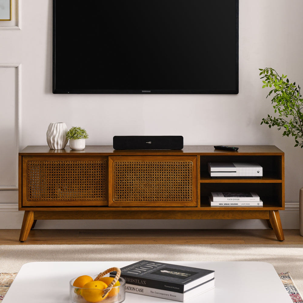 59 Inch Mid Century Modern Rattan TV Stand for 65