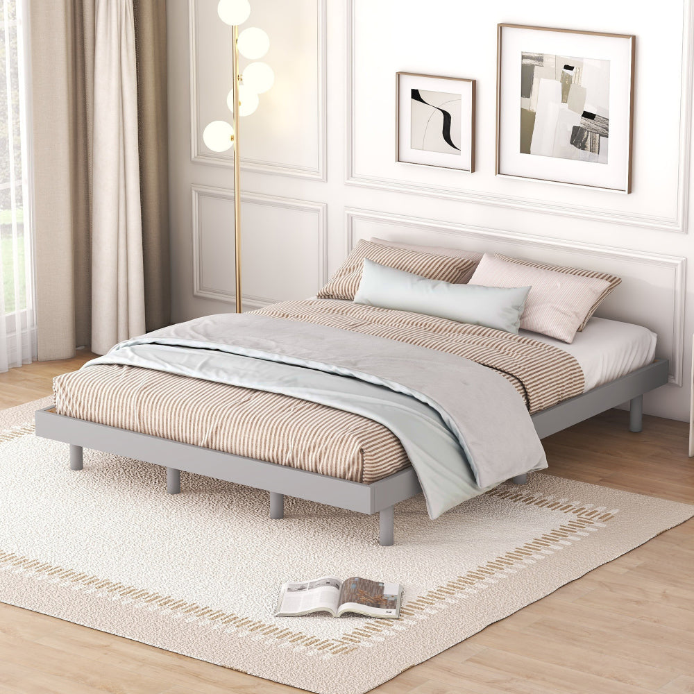 Queen Size Modern Floating Platform Bed | Particle Board Headboard Footboard & Side Rails | Rubberwood Legs | No Box Spring Needed | Easy Assembly | Gray / White Washed / Walnut