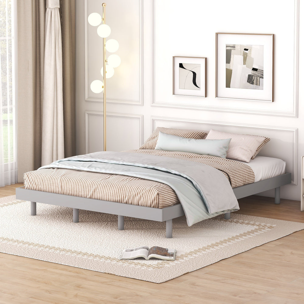 Queen Size Modern Floating Platform Bed | Particle Board Headboard Footboard & Side Rails | Rubberwood Legs | No Box Spring Needed | Easy Assembly | Gray / White Washed / Walnut