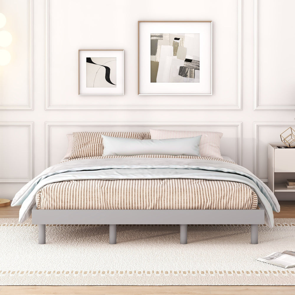 Queen Size Modern Floating Platform Bed | Particle Board Headboard Footboard & Side Rails | Rubberwood Legs | No Box Spring Needed | Easy Assembly | Gray / White Washed / Walnut