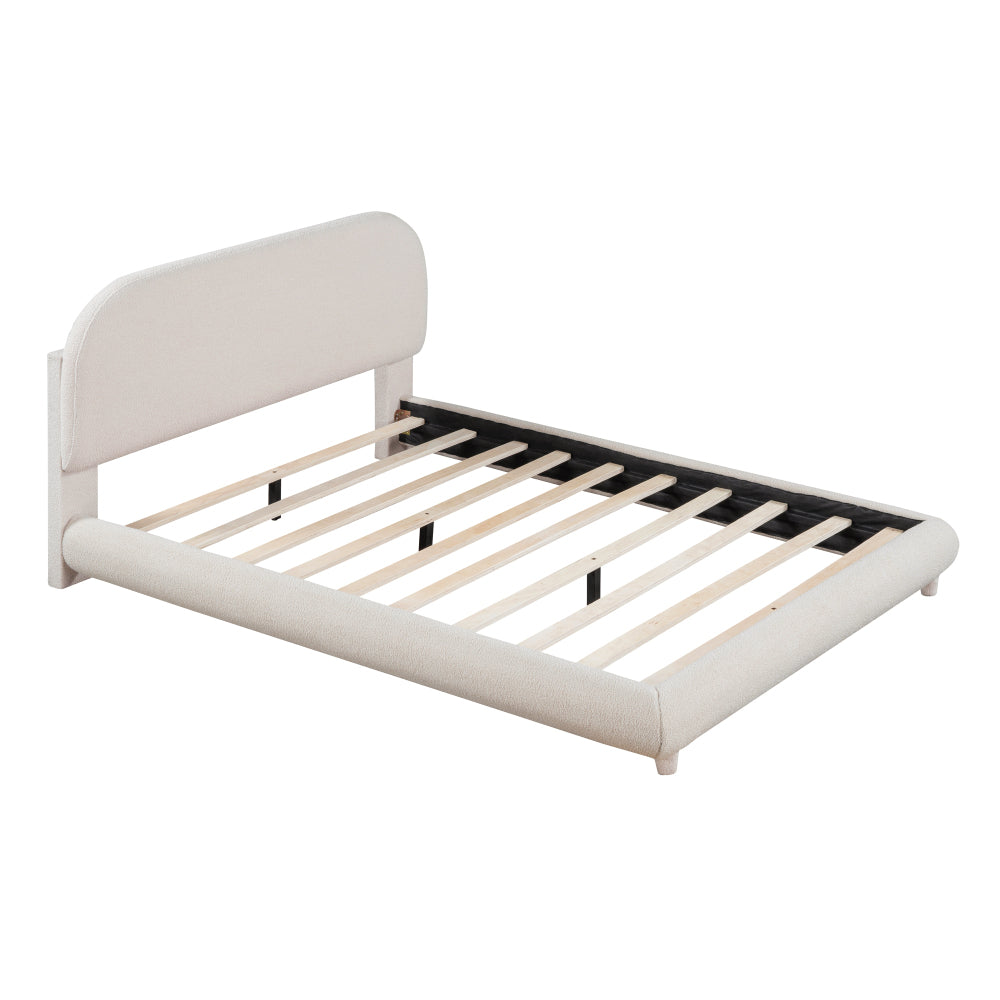 Full/Queen | Teddy Fleece Upholstered Platform Bed | Curve-Shaped Headboard Footboard & Side Rails | Solid MDF Frame | No Box Spring Needed | Easy Assembly | Beige/Gray