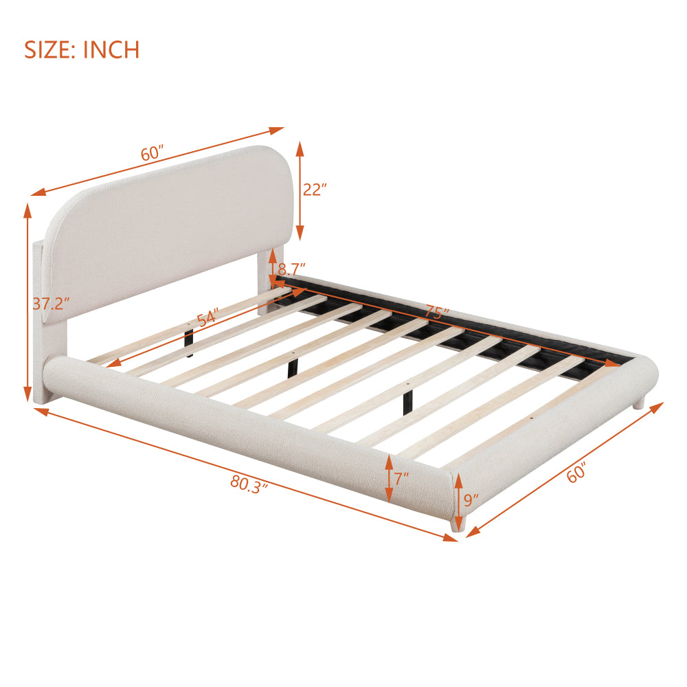 Full/Queen | Teddy Fleece Upholstered Platform Bed | Curve-Shaped Headboard Footboard & Side Rails | Solid MDF Frame | No Box Spring Needed | Easy Assembly | Beige/Gray