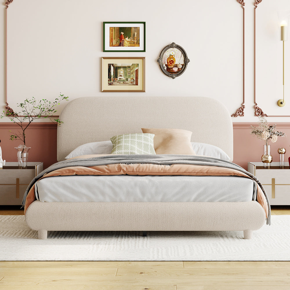 Full/Queen | Teddy Fleece Upholstered Platform Bed | Curve-Shaped Headboard Footboard & Side Rails | Solid MDF Frame | No Box Spring Needed | Easy Assembly | Beige/Gray