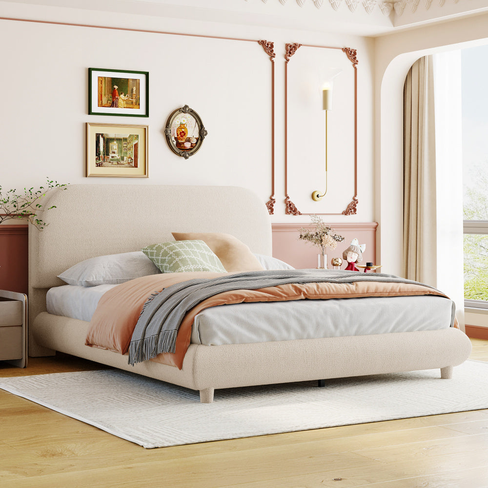 Full/Queen | Teddy Fleece Upholstered Platform Bed | Curve-Shaped Headboard Footboard & Side Rails | Solid MDF Frame | No Box Spring Needed | Easy Assembly | Beige/Gray