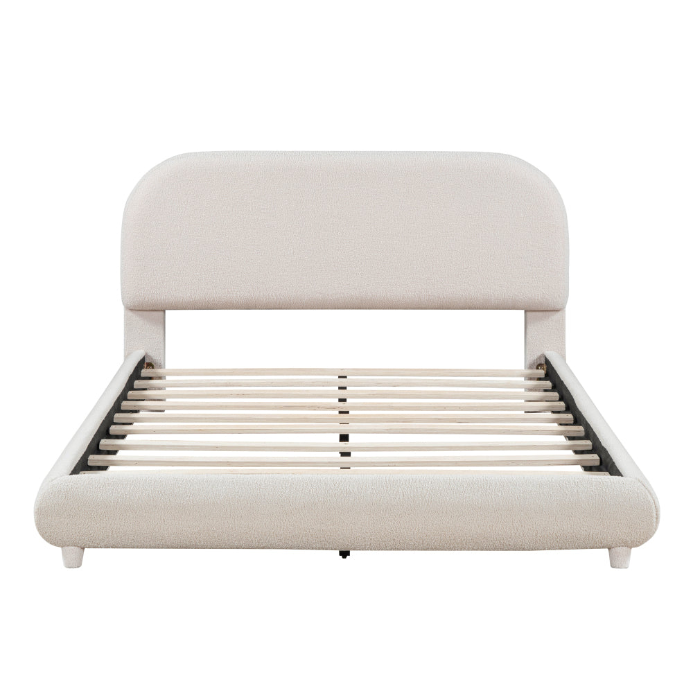 Full/Queen | Teddy Fleece Upholstered Platform Bed | Curve-Shaped Headboard Footboard & Side Rails | Solid MDF Frame | No Box Spring Needed | Easy Assembly | Beige/Gray