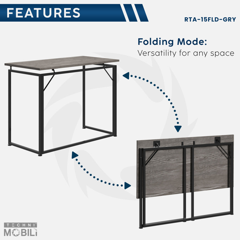 Techni Mobili Space Saving Folding Desk — 39" Collapsible Computer Desk | No Tools & No Assembly Required | Sturdy Steel Legs | Modern Space-Saving Design | Home Office, Bedroom, Dorm | Grey
