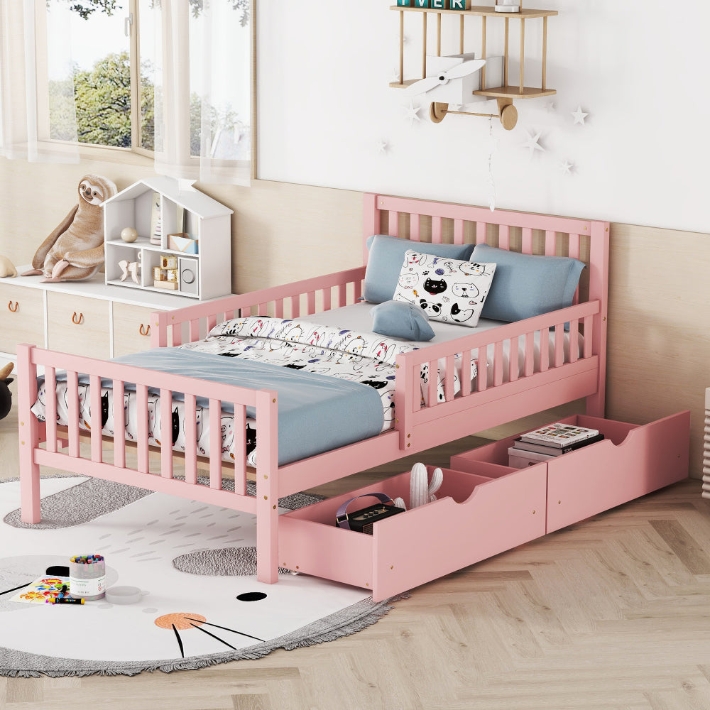 Wood Platform Bed with Guardrails on Both Sides