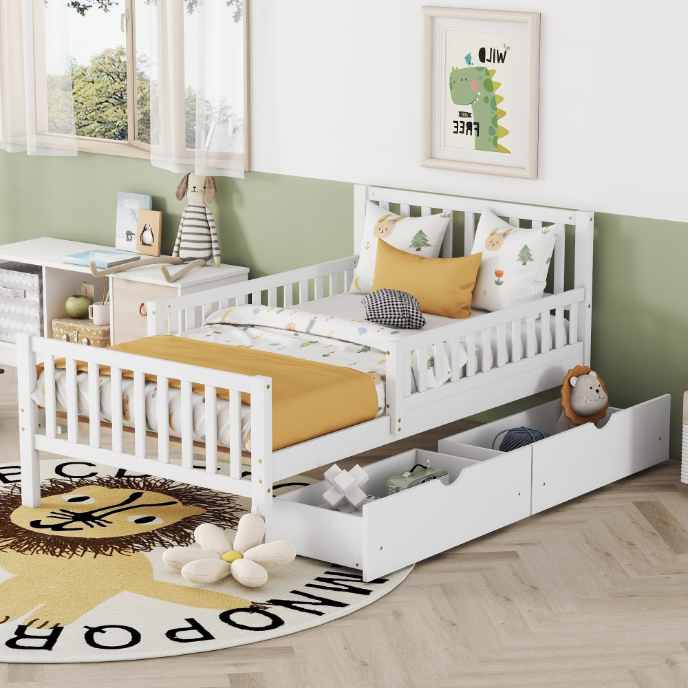 Full Size Wood Platform Bed with Guardrails on Both Sides and Two Storage Drawers ,Pink