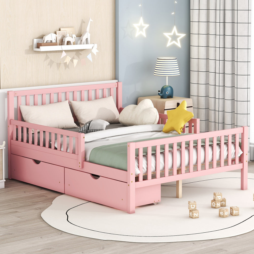 Full Size Wood Platform Bed with Guardrails on Both Sides and Two Storage Drawers ,Pink