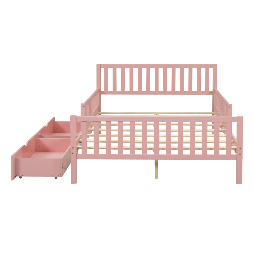 Full Size Wood Platform Bed with Guardrails on Both Sides and Two Storage Drawers ,Pink