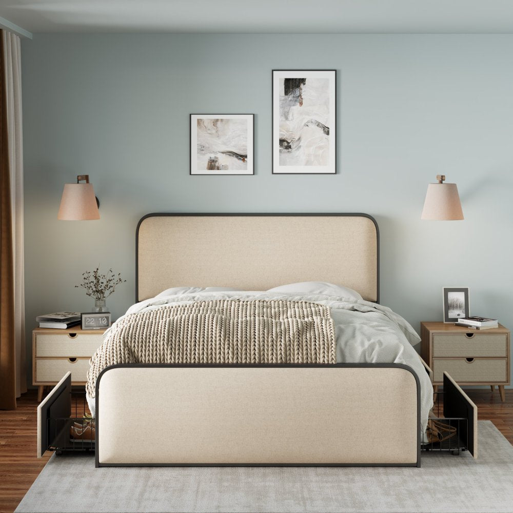 Queen/King Size Upholstered Platform Bed with 4 Storage Drawers | Curved Headboard & Footboard | 800 lbs Heavy Duty Metal Frame | 13 Steel Slats | No Box Spring | Beige