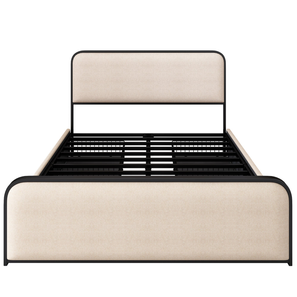 Queen/King Size Upholstered Platform Bed with 4 Storage Drawers | Curved Headboard & Footboard | 800 lbs Heavy Duty Metal Frame | 13 Steel Slats | No Box Spring | Beige
