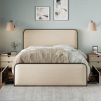 Queen/King Size Upholstered Platform Bed with 4 Storage Drawers | Curved Headboard & Footboard | 800 lbs Heavy Duty Metal Frame | 13 Steel Slats | No Box Spring | Beige