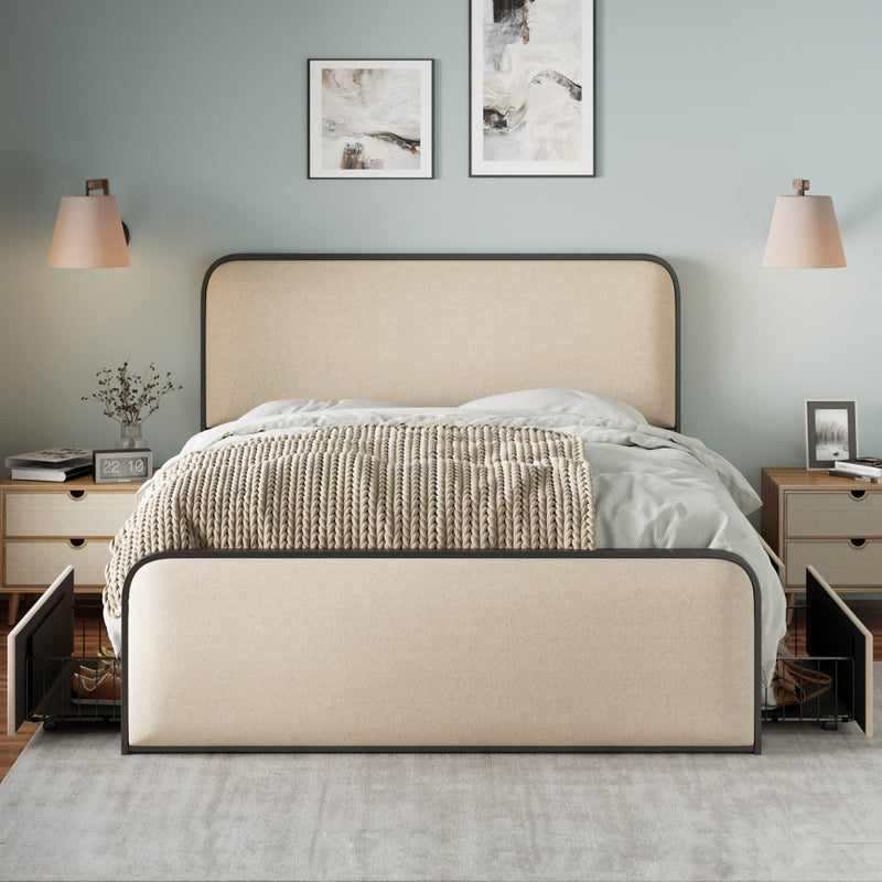 Queen/King Size Upholstered Platform Bed with 4 Storage Drawers | Curved Headboard & Footboard | 800 lbs Heavy Duty Metal Frame | 13 Steel Slats | No Box Spring | Beige