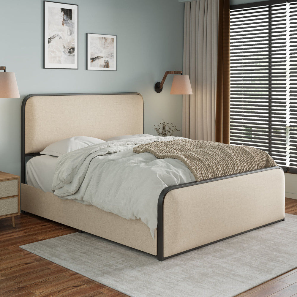Queen/King Size Upholstered Platform Bed with 4 Storage Drawers | Curved Headboard & Footboard | 800 lbs Heavy Duty Metal Frame | 13 Steel Slats | No Box Spring | Beige