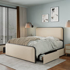Queen/King Size Upholstered Platform Bed with 4 Storage Drawers | Curved Headboard & Footboard | 800 lbs Heavy Duty Metal Frame | 13 Steel Slats | No Box Spring | Beige