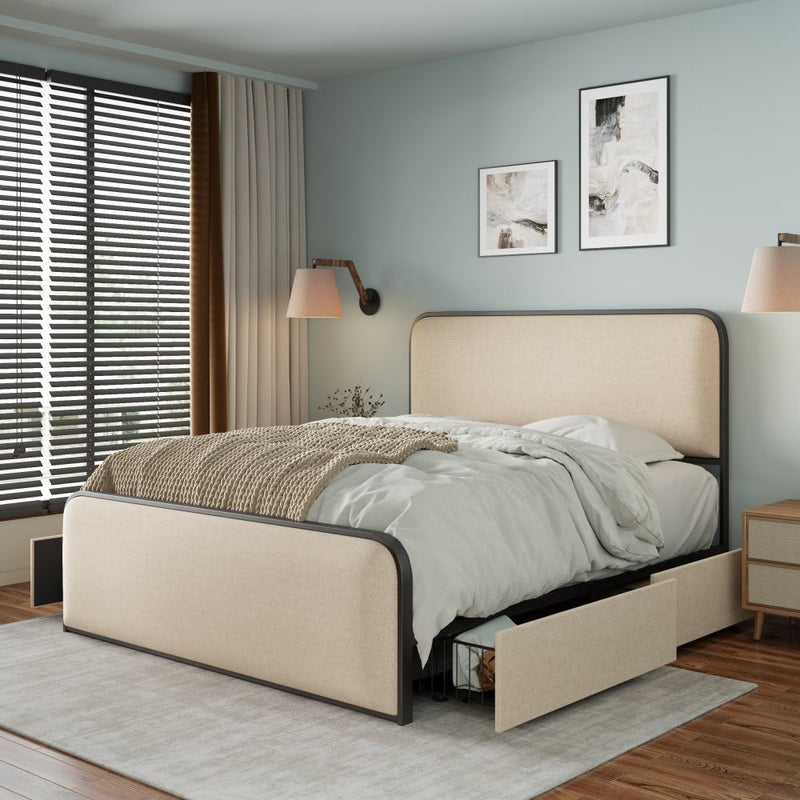 Queen/King Size Upholstered Platform Bed with 4 Storage Drawers | Curved Headboard & Footboard | 800 lbs Heavy Duty Metal Frame | 13 Steel Slats | No Box Spring | Beige