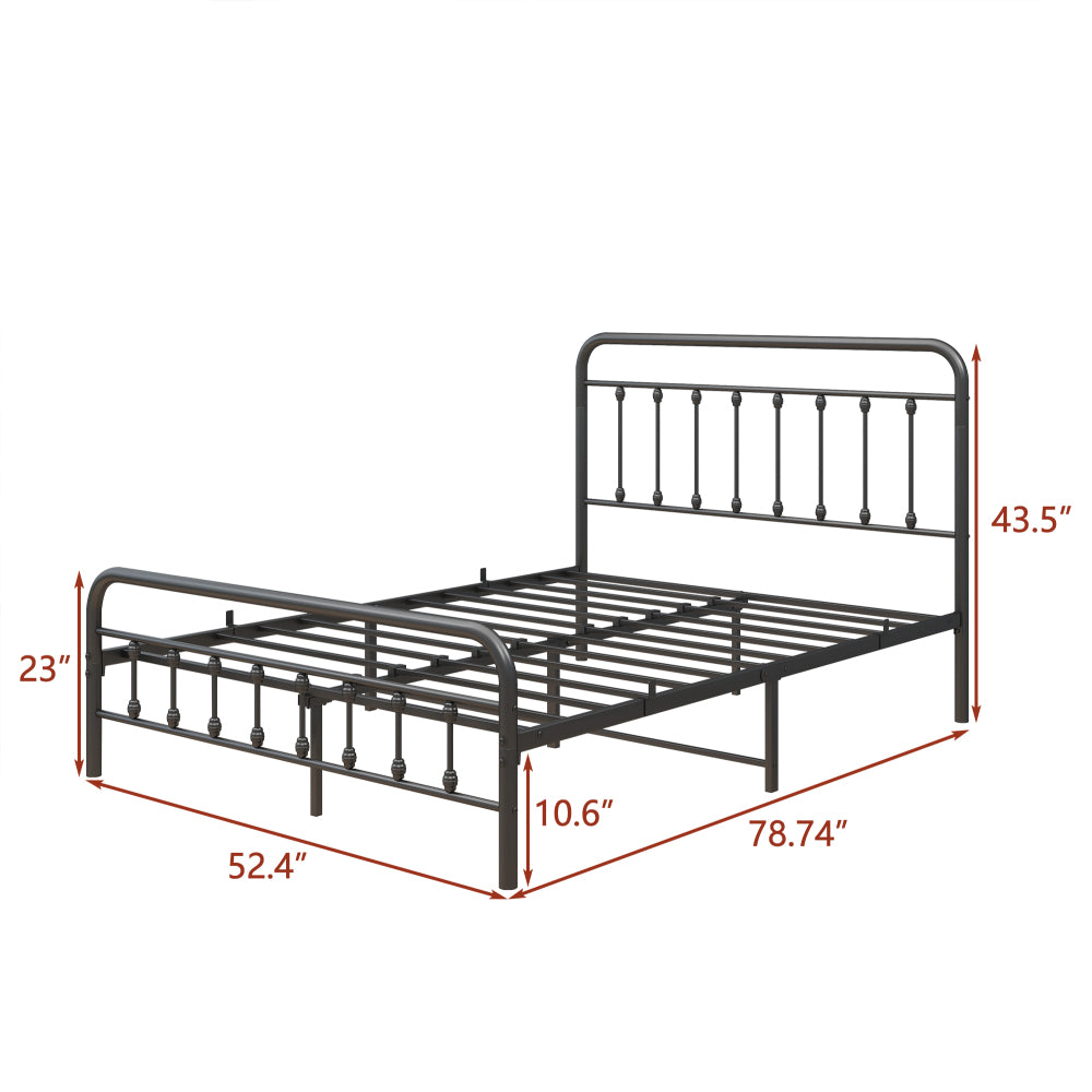 Twin/Full/Queen Size Victorian Metal Platform Bed Frame | Spindle Headboard & Footboard | 13 Slats + 9 Center Legs | 450 lbs | 10.6" Under-Bed Storage | No Box Spring Needed | Black