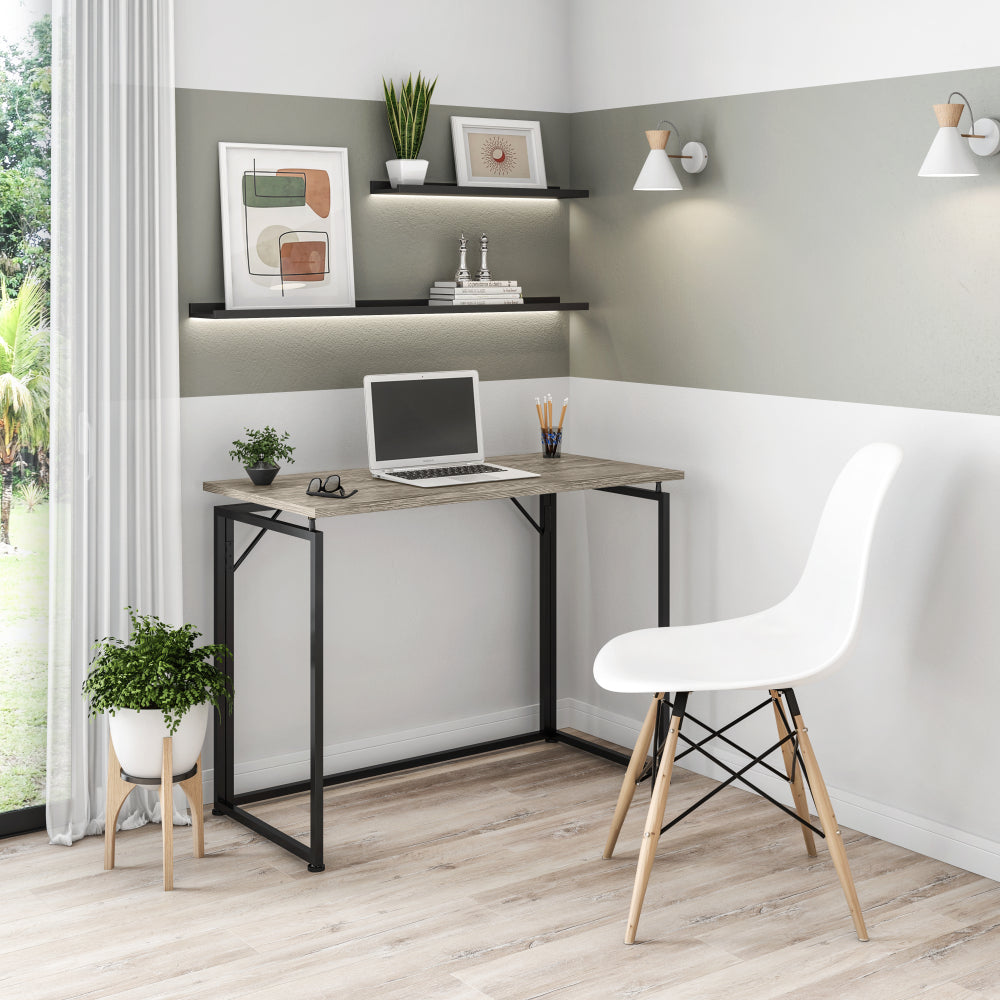 Techni Mobili Space Saving Folding Desk — 39" Collapsible Computer Desk | No Tools & No Assembly Required | Sturdy Steel Legs | Modern Space-Saving Design | Home Office, Bedroom, Dorm | Grey