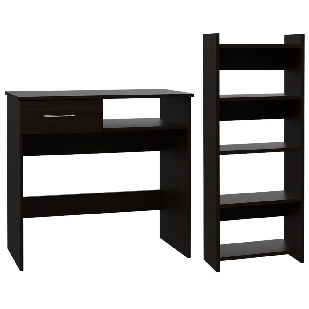 Vizcaya Home Office Set — Computer Desk with Single Drawer, Keyboard Tray & 5-Shelf Bookcase | Modern Black Finish | Compact Laptop Workstation | Open Storage | Particle Board | Bedroom, Home Office & Study Room | Black