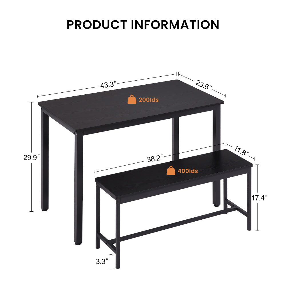 43.3" Industrial Dining Table Set for 4 | Bar Table with 2 Pull-Out Benches | Space-Saving Under-Table Storage Design | Steel Frame + Durable Particle Board | Easy Assembly | Kitchen, Living Room, Party Room | Black/White/Rustic Brown/Gray