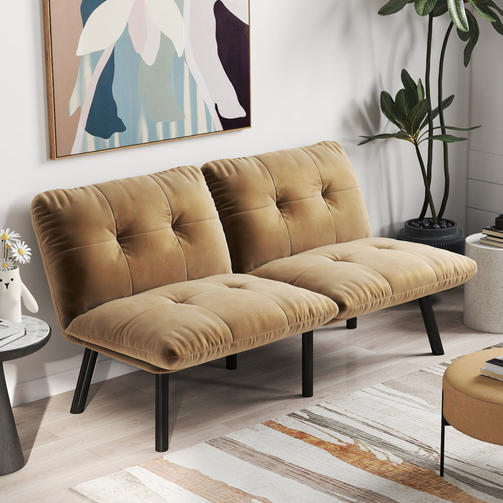 63" Convertible Folding Sofa Bed | 2-Seat Velvet Upholstered Couch | Adjustable Multi-Angle Backrest | Sofa, Lounger & Twin Bed | Metal Frame | 800 lbs Capacity | Easy Assembly | Living Room, Apartment | Cream/Aqua Gray/Brown