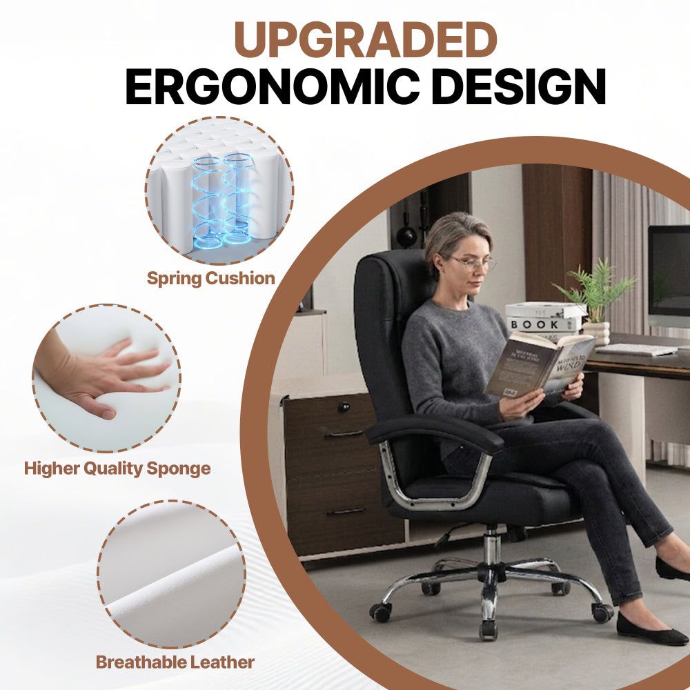 Executive High-Back PU Leather Office Chair | Spring Seat Cushion | Ergonomic Height Adjustment | Chrome Armrests | Reinforced Metal Frame | 360° Swivel | Floor-Friendly Casters | 350 lbs Capacity | Home Office | Black/Camel