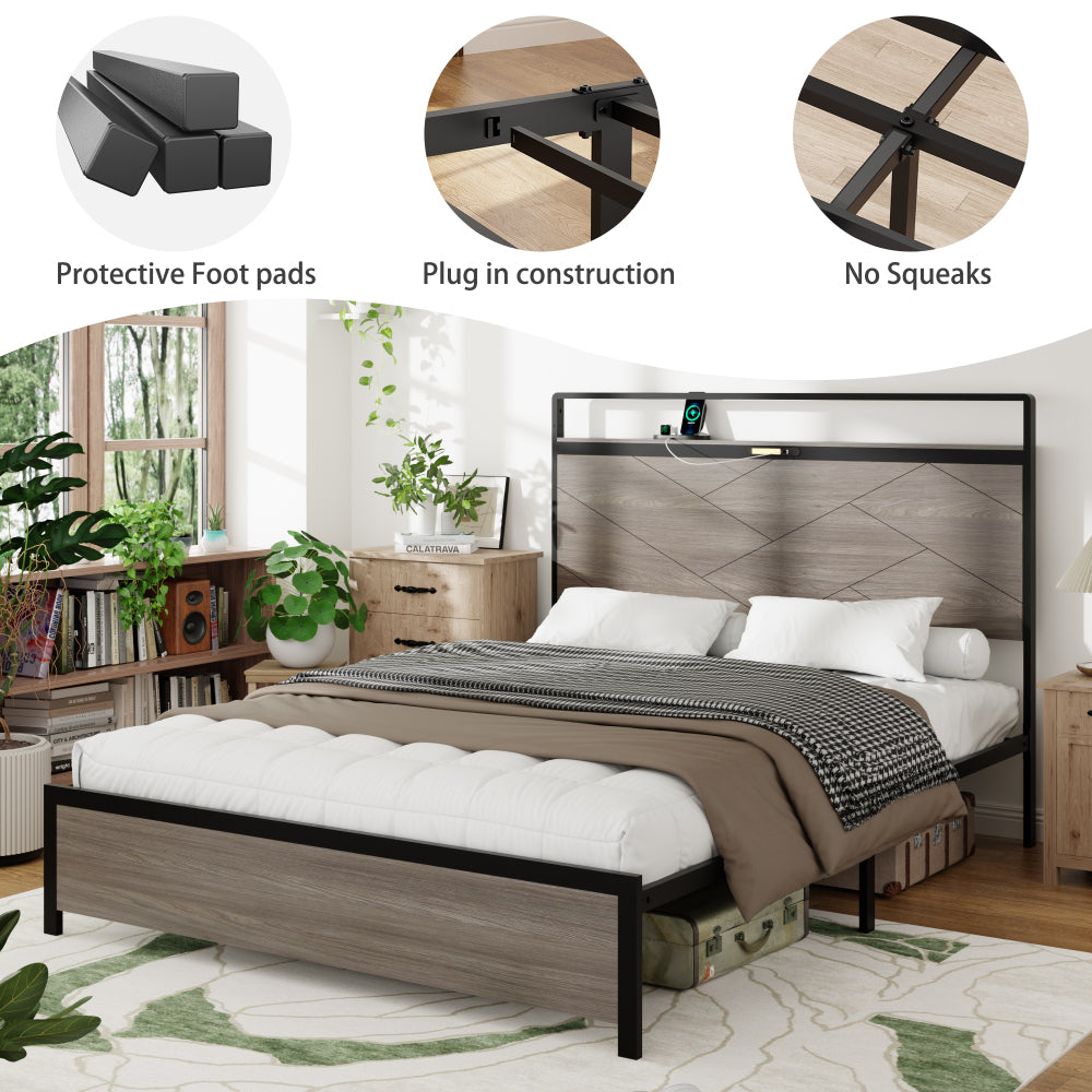 Full Size Wood & Metal Platform Bed | Storage Headboard with LED Touch Light & USB + Type-C Charging | Large Under-Bed Storage | Rust-Proof Steel | No Box Spring Needed | Antique Gray