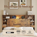 Full/Queen/King Size Wood Platform Bed | Bookcase Storage Headboard with LED Lights & Charging Station USB + Outlets | Black Metal Legs | No Box Spring Needed | Antique Dark Brown