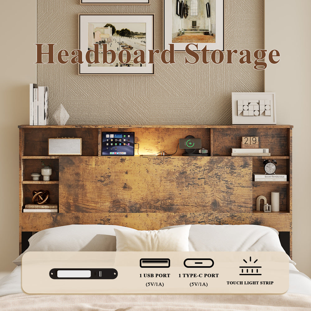 Full/Queen/King Size Wood Platform Bed | Bookcase Storage Headboard with LED Lights & Charging Station USB + Outlets | Black Metal Legs | No Box Spring Needed | Antique Dark Brown