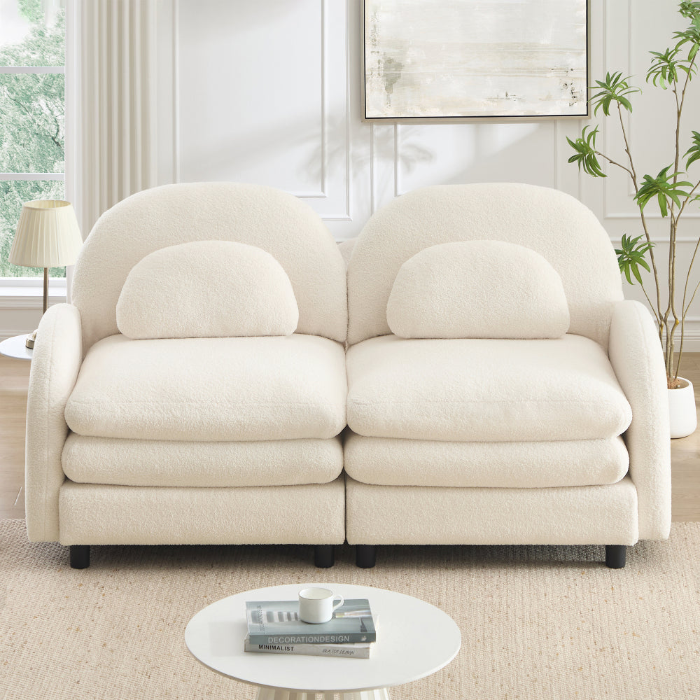 2-Seat Modular Teddy Fabric Cloud Sofa | Curved Backrest & Armrest | Double-Layer Cushion | Vintage Color Options | Precision Screw Connectors | Easy Assembly | Beige White / Green / Orange / Caramel