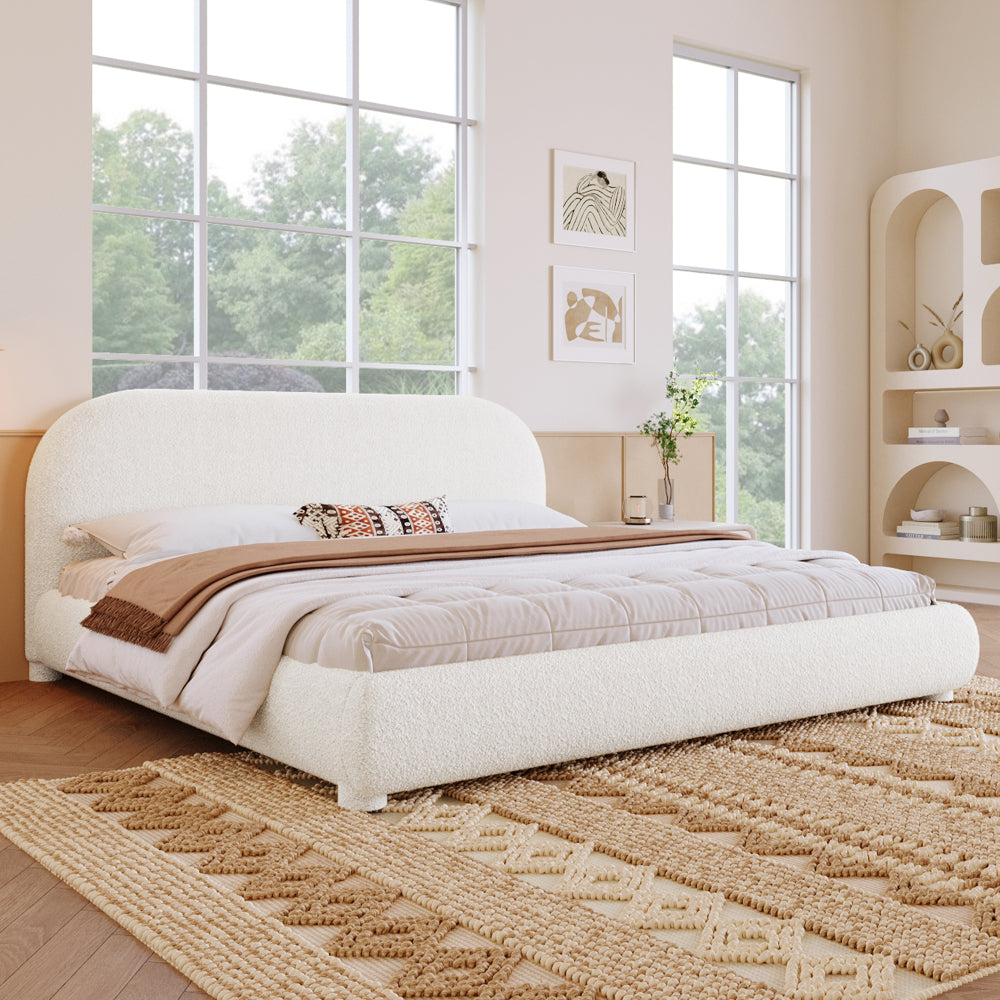 Queen/King Size Boucle Upholstered Platform Bed | Curved Ergonomic Headboard | Granular Fabric Texture | 800 lbs Heavy Duty | No Box Spring Needed | 40-Min Assembly | Cream / Green