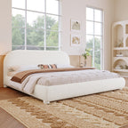 Queen/King Size Boucle Upholstered Platform Bed | Curved Ergonomic Headboard | Granular Fabric Texture | 800 lbs Heavy Duty | No Box Spring Needed | 40-Min Assembly | Cream / Green