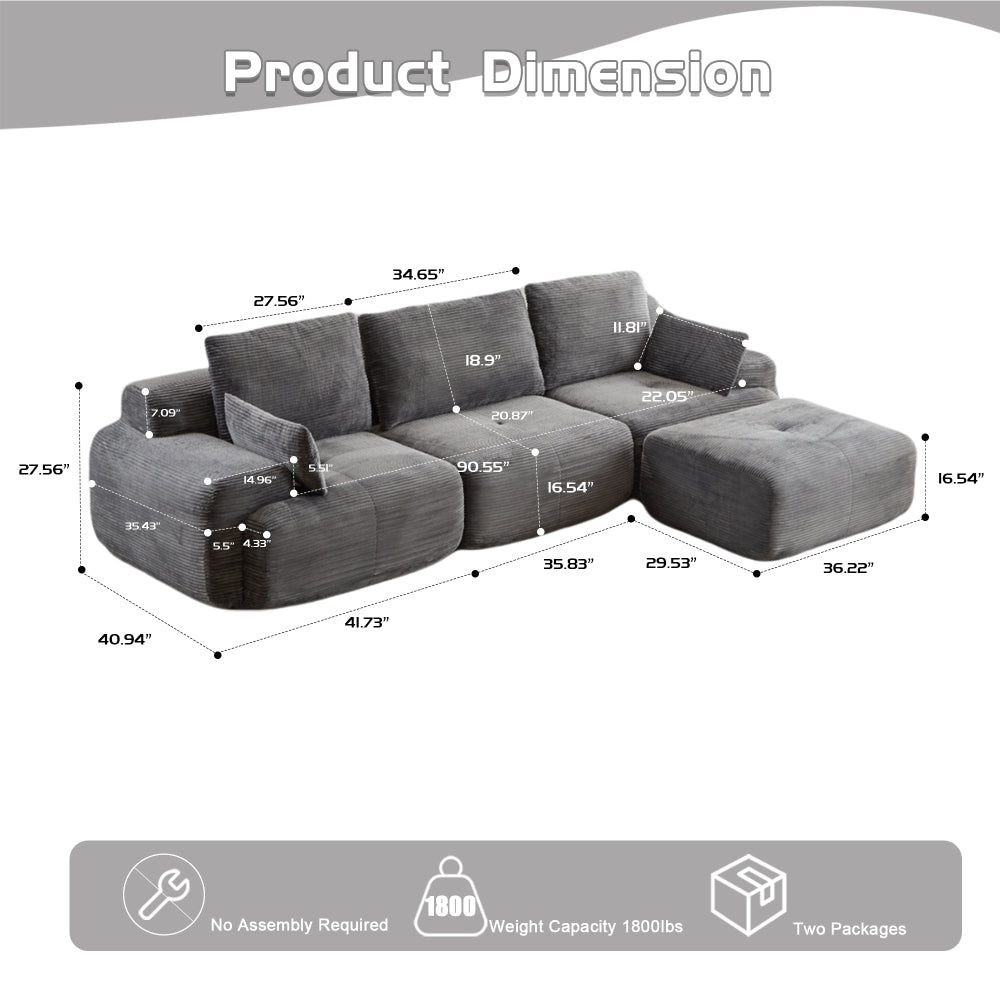 Modern Memory Foam Cloud Sofa | Extra Deep Corduroy Sectional Couch | Customizable Modular Combination | High-Resilience Foam + Bolster Pillows | No Assembly Required | Living Room, Apartment, Bedroom | White/Black — 2 Seat & 3 Seat